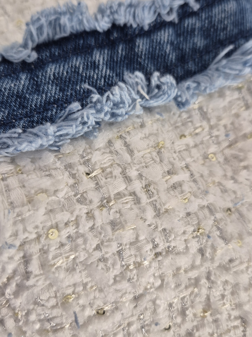 Nanette Lepore Tweed & Frayed Denim Jacket w/ Metallic Thread Sequins - Size XL - Picture 10 of 16
